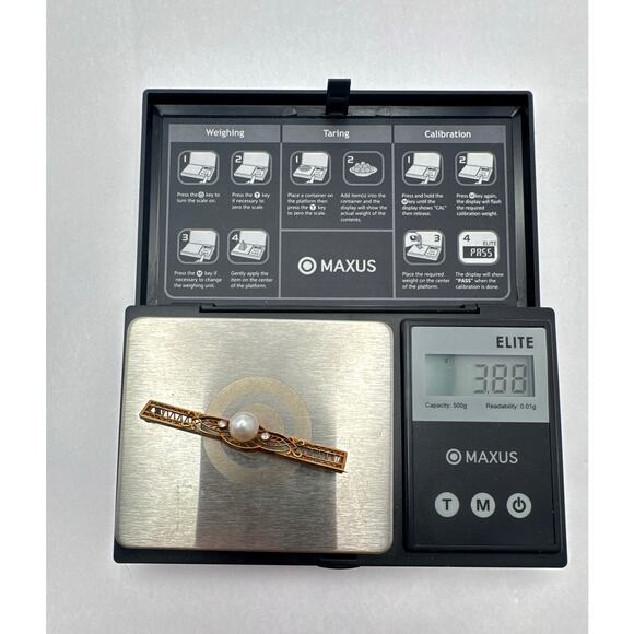 Antique Art Deco 14K Gold Filigree Bar Pin Brooch with Pearl & Diamonds c. 1920s - Picture 9 of 10